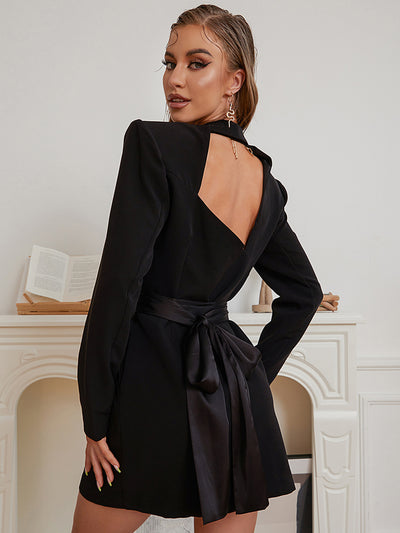 Mini Dress Black Long Sleeve Sexy V Neck Sashes Party Dress