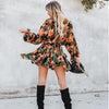 Printed Mini Dress For Women Casual Floral Bohemia Long Sleeve Female Vestidos  Spring O Neck High Waist Lace Up Dresses