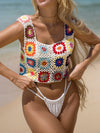 Bohemian plaid beach crop cover up  Hollow out top