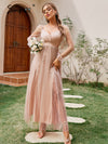 Elegant v-neck see through tulle Lantern sleeves, high waist pink dresses